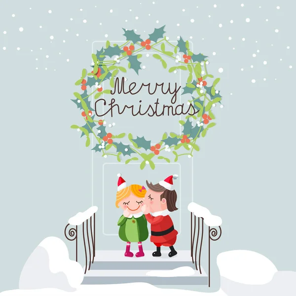 Beso de Navidad de una niña y un niño con un disfraz de Papá Noel — Archivo Imágenes Vectoriales