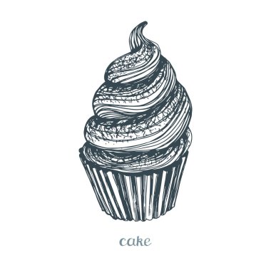 Pasta krema ile. Beyaz arka plan üzerinde illüstrasyon izole. Vektör çizim kroki tarzı.