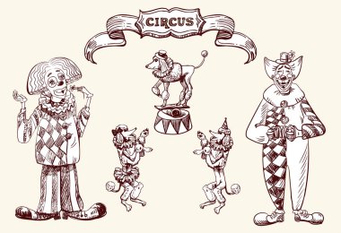 Circus illustration with clowns and circus dogs. Vector illustration in sketch and vintage style. vector Circus illustration with clowns and circus dogs. Vector illustration in sketch and vintage style. vector