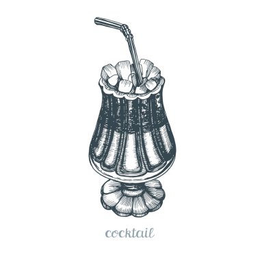 Kokteyl cam bir tüp ile. Marshmallow ile iç. Beyaz arka plan üzerinde illüstrasyon izole. Vektör çizim kroki tarzı.