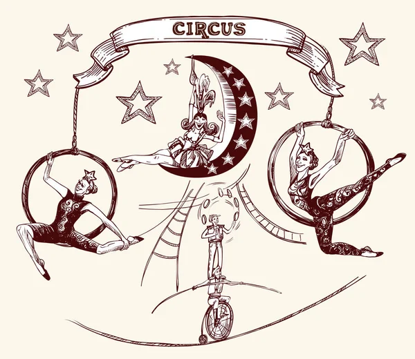 Artisté Akrobati Obruče Žonglér Cyklista Laně Vektorové Ilustrace Náčrtu Vintage — Stockový vektor