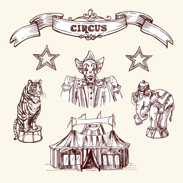 Цирковая иллюстрация с палатками, клоунами и цирковыми животными. Векторная иллюстрация в стиле эскиза и винтажа
.