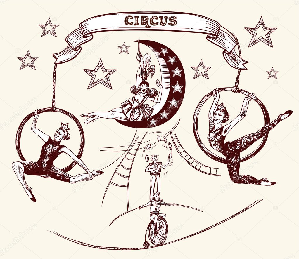 Circus performers, acrobats on hoops, juggler and cyclist on a rope. Vector illustration in sketch and vintage style.