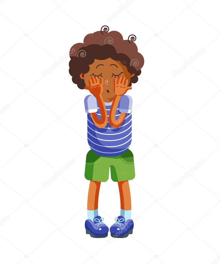 Sad boy is alone standing. Character of child. Isolated vector illustration in cartoon style.