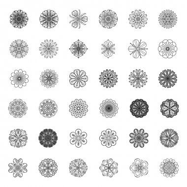Çiçek vektörü çizim tarzında ayarlanır. Beyaz arka planda yalıtılmış siyah simgeler.