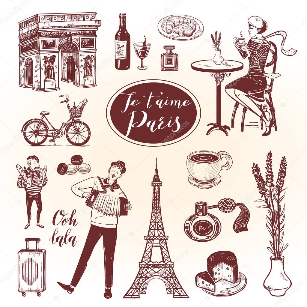 French doodle set with lettering in hand drawn style. Isolated icons for vintage background.