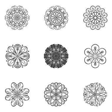 Çiçek vektörü çizim tarzında ayarlanır. Beyaz arka planda yalıtılmış siyah simgeler.