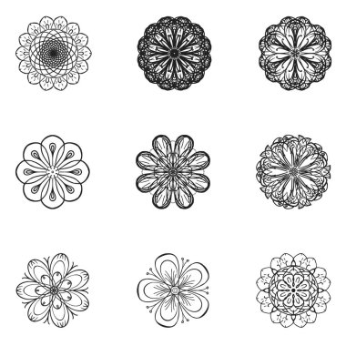 Çiçek vektörü çizim tarzında ayarlanır. Beyaz arka planda yalıtılmış siyah simgeler.