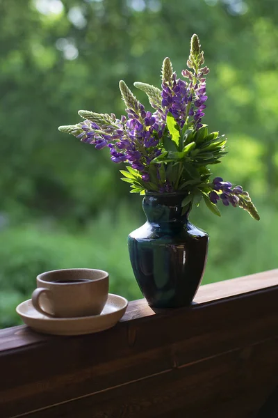 Beautiful Vase Purple Lupines Morning June Sun Cup Coffee Concept — Stock Photo, Image