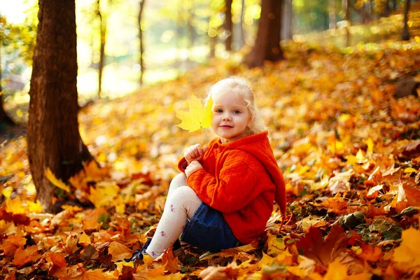 Cute Little Girl Siedzi Wśród Jesiennych Liści Parku Szczęśliwy Słoneczny — Zdjęcie stockowe