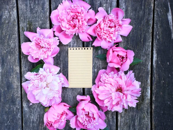 Hermosas Flores Rosadas Sobre Fondo Madera Mal Estado Tarjeta Felicitación — Foto de Stock