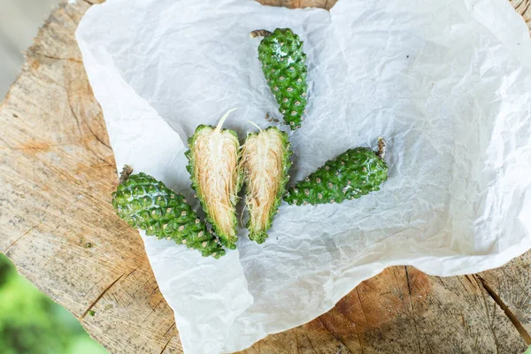 桌上的松枝和绿色的圆锥 芳香疗法 温泉和草药配料 复制空间 — 图库照片