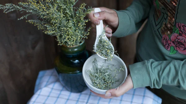 Çiçek açan mugwort buketi, seçici odaklanma. Absinthe bayramı