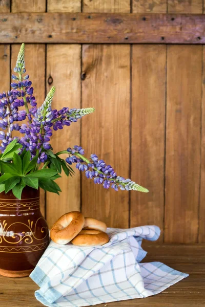 Beautiful Vase Purple Lupines Morning Concept Pleasure Unity Nature Relax — Stock Photo, Image