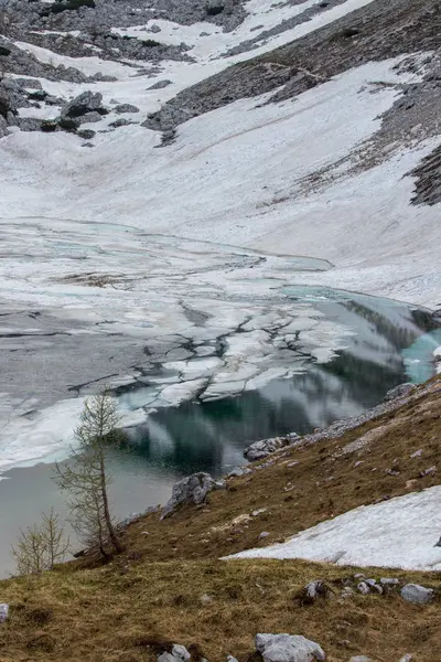 Maior Lago Vale Triglav Coberto Gelo Neve — Fotografia de Stock