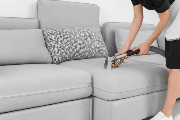 Female worker removing dirt from sofa with professional vacuum cleaner indoors