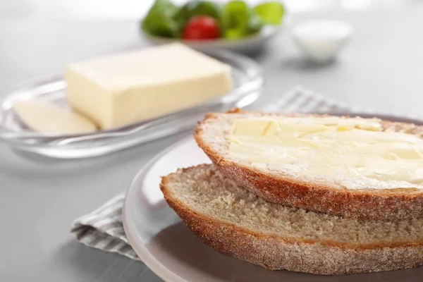 Fresh Bread Tasty Butter Plate — Stock Photo, Image