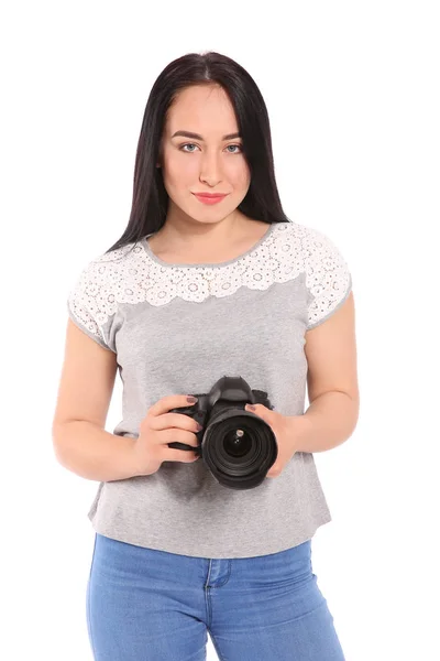 Fotógrafo Feminino Com Câmera Profissional Fundo Branco — Fotografia de Stock