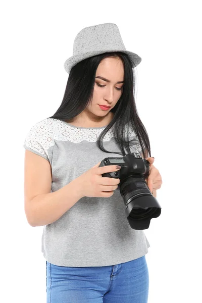 Fotógrafo Feminino Com Câmera Profissional Fundo Branco — Fotografia de Stock