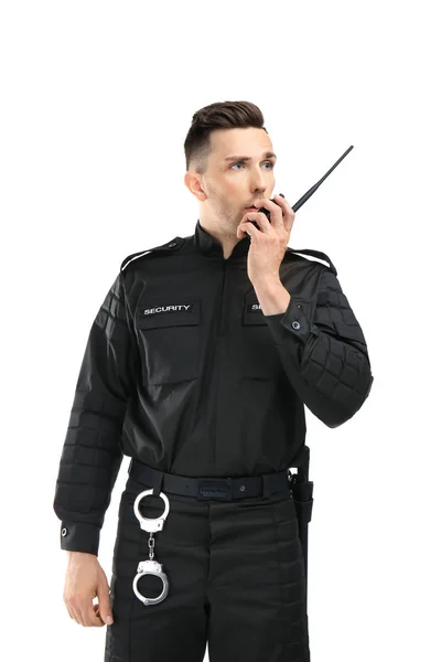 Αρσενικό Φρουρά Ασφαλείας Χρησιμοποιώντας Φορητές Ραδιο Συσκευή Αποστολής Σημάτων Λευκό — Φωτογραφία Αρχείου