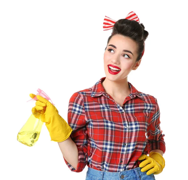 Engraçado Jovem Dona Casa Com Detergente Fundo Branco — Fotografia de Stock
