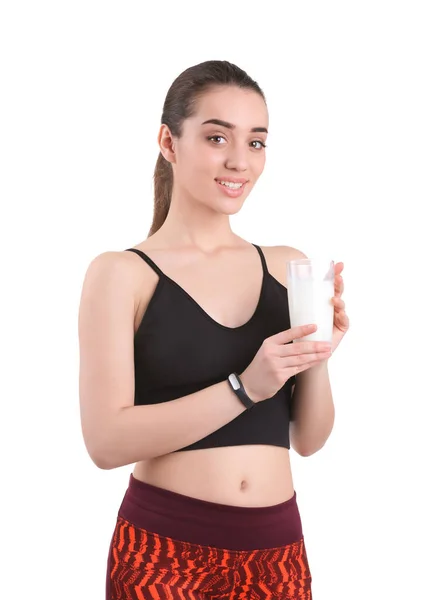 Schöne Junge Frau Sportkleidung Die Milch Auf Weißem Hintergrund Trinkt — Stockfoto