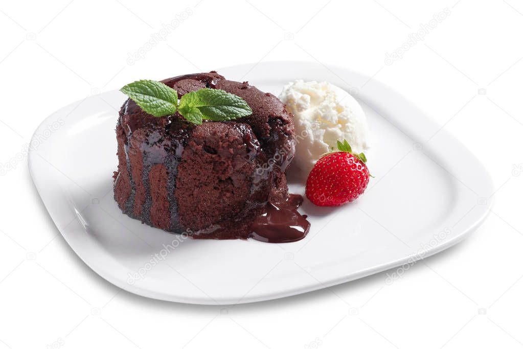 Plate with fresh chocolate fondant, strawberries and delicious ice cream on white background. Lava cake recipe