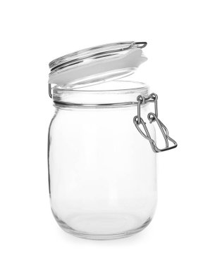 Beyaz arkaplanda boş cam kavanoz