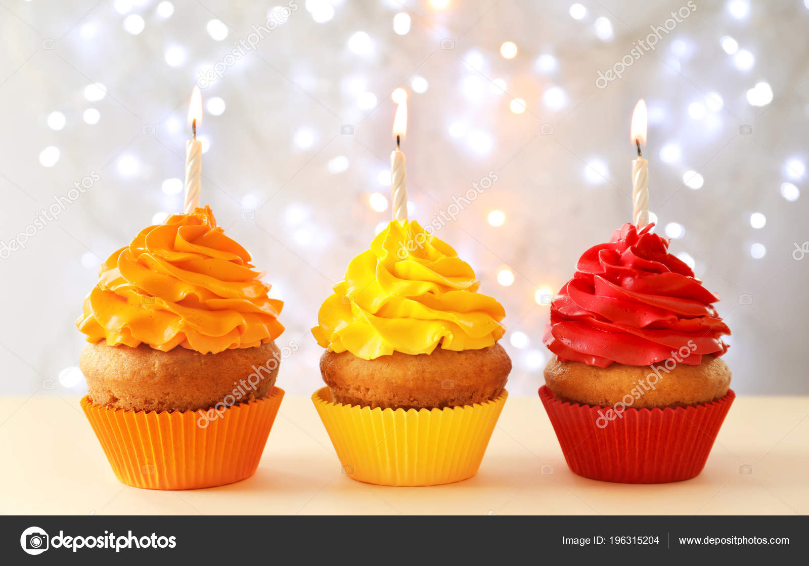 Delicious Birthday Cupcakes Candles Table Blurred Background Stock