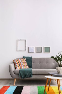 Zarif salon iç rahat kanepe ile. Gökkuşağı renkleri ev tasarımı
