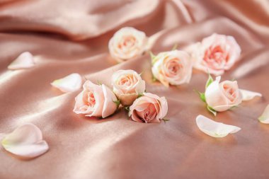 Güzel güller ve yaprakları parlak kumaş üzerine kompozisyonu