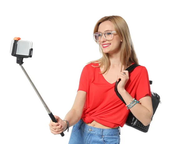 Attractive Young Woman Taking Selfie White Background — Stock Photo, Image