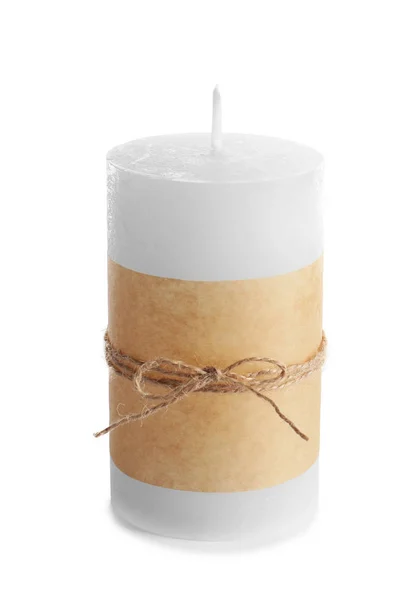 白色背景羊皮纸装饰的新蜡蜡烛 — 图库照片