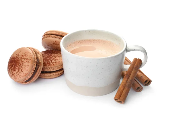 Mug Delicious Hot Cocoa Drink Macarons White Background — Stock Photo, Image