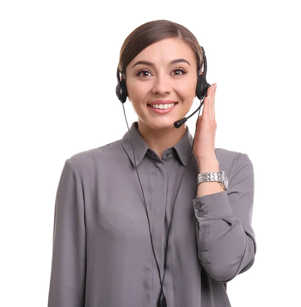 Giovane Donna Che Parla Telefono Attraverso Cuffie Sfondo Bianco — Foto Stock
