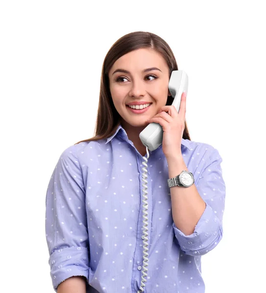 Jonge Vrouw Praten Telefoon Tegen Witte Achtergrond — Stockfoto