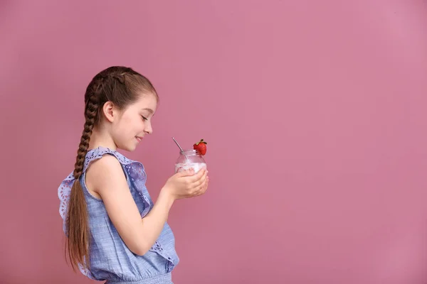 Cute Girl Eating Tasty Yogurt Color Background — Stock Photo, Image