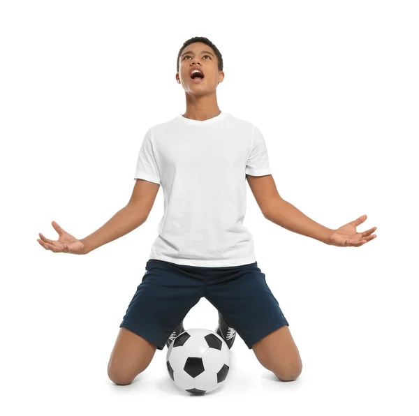 Adolescente Jogador Futebol Afro Americano Fundo Branco — Fotografia de Stock