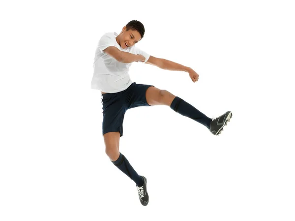 Adolescente Menino Afro Americano Jogando Futebol Fundo Branco — Fotografia de Stock