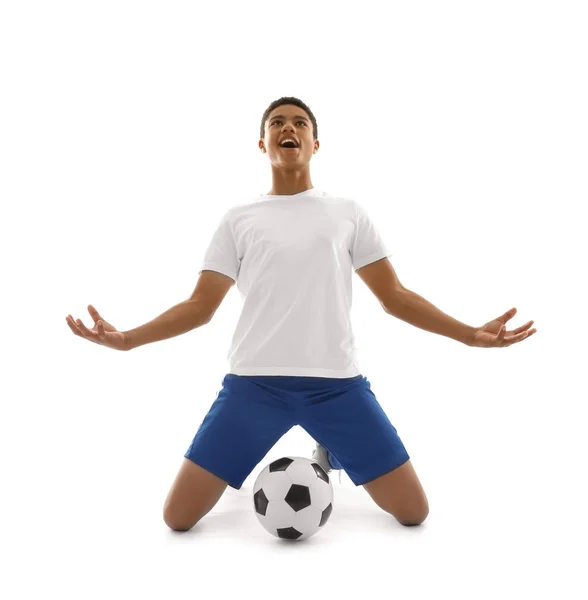 Adolescente Jogador Futebol Afro Americano Fundo Branco — Fotografia de Stock