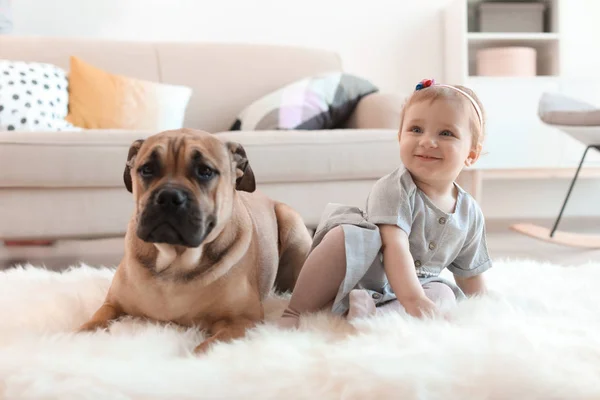 Söta Lilla Barn Med Hund Hemma — Stockfoto