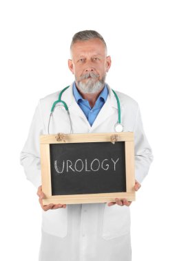 Kara tahta ile kelime Üroloji beyaz arka planda tutan erkek doktor