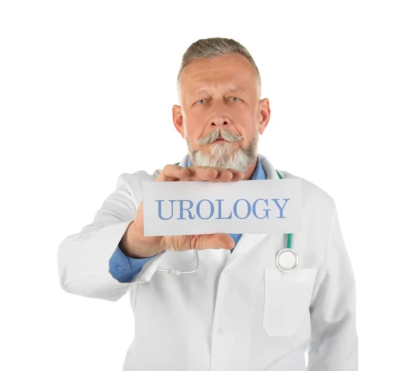 Mies Lääkäri Tilalla Paperi Sana Urology Valkoisella Taustalla — kuvapankkivalokuva