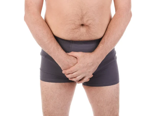 Älterer Mann Mit Urologischen Problemen Leidet Unter Schmerzen Auf Weißem — Stockfoto