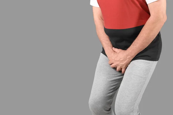 Mature Man Urological Problems Suffering Pain Grey Background — Stock Photo, Image