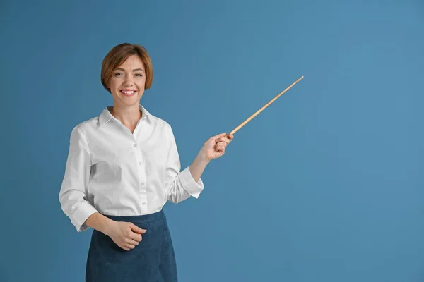 Portrait Female Teacher Pointer Color Background — Stock Photo, Image