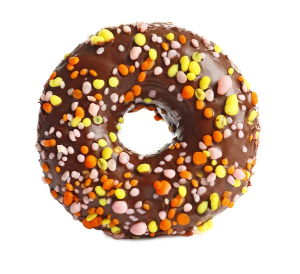 Köstliche Glasierte Donut Mit Streusel Auf Weißem Hintergrund — Stockfoto