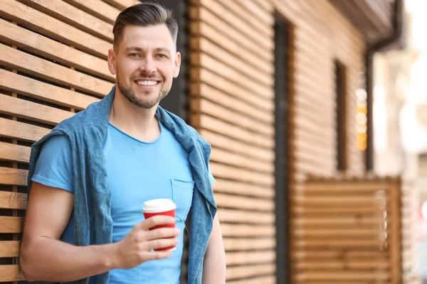 Portrait Jeune Homme Avec Tasse Café Plein Air — Photo