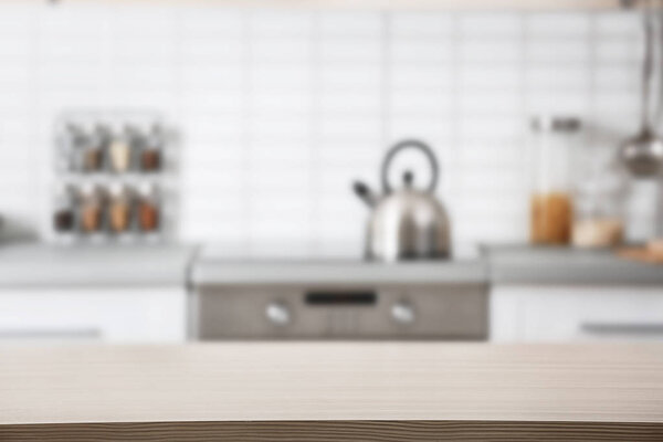 Countertop and blurred view of kitchen interior. Idea for home design