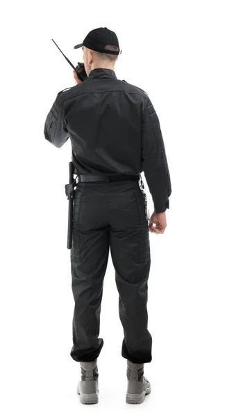 Gardien Sécurité Masculin Utilisant Émetteur Radio Portable Sur Fond Blanc — Photo